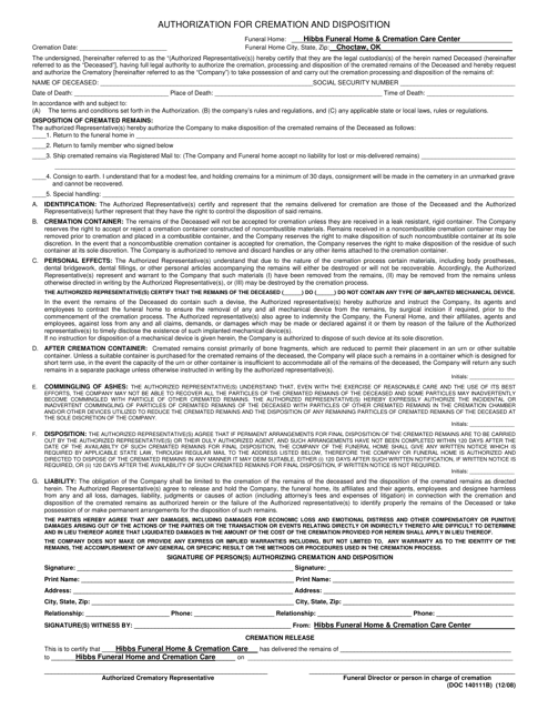 DOC Form OP-140111B Authorization for Cremation and Disposition - Oklahoma