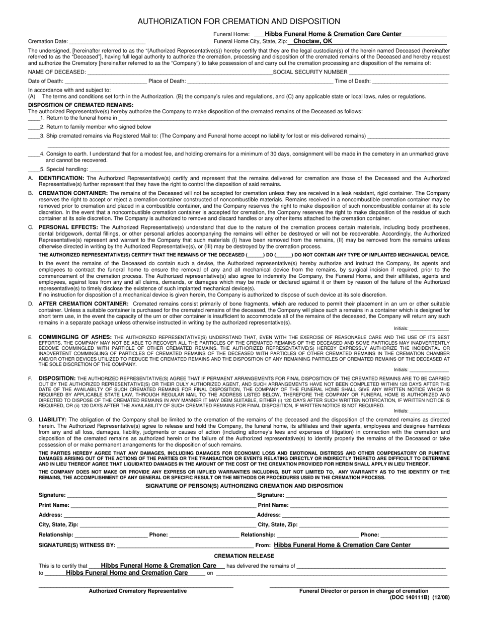 DOC Form OP-140111B Authorization for Cremation and Disposition - Oklahoma, Page 1