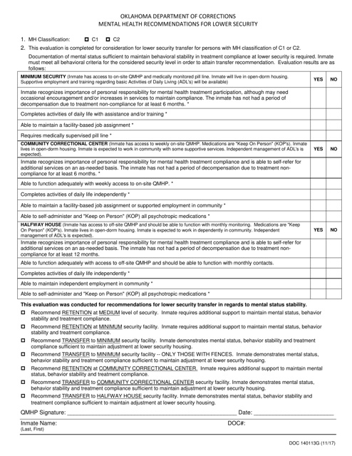 DOC Form OP-140113G Mental Health Recommendations for Lower Security - Oklahoma