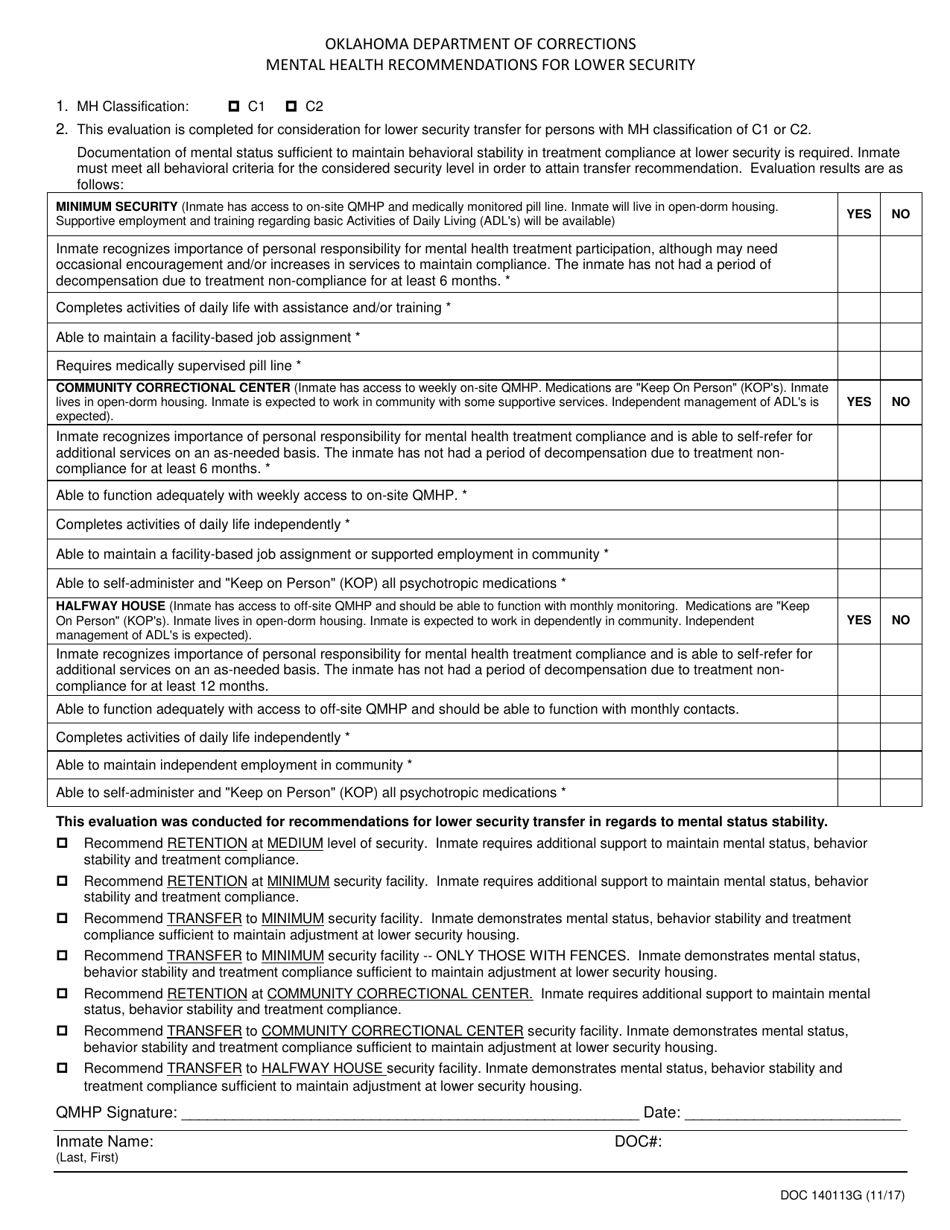 DOC Form OP-140113G Mental Health Recommendations for Lower Security - Oklahoma, Page 1
