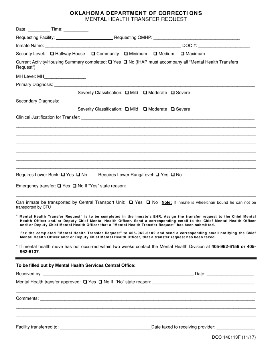 DOC Form OP-140113F Mental Health Transfer Request - Oklahoma, Page 1