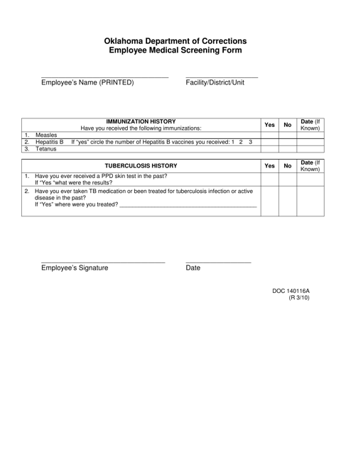 DOC Form OP-140116A Employee Medical Screening Form - Oklahoma