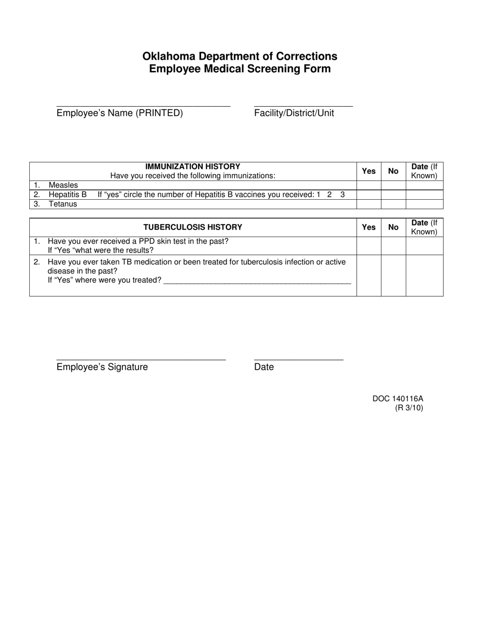 DOC Form OP-140116A Employee Medical Screening Form - Oklahoma, Page 1