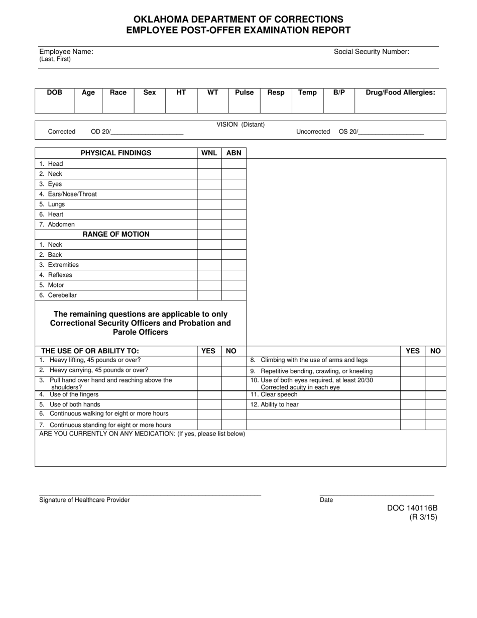 DOC Form OP-140116B Employee Post-offer Examination Report - Oklahoma, Page 1
