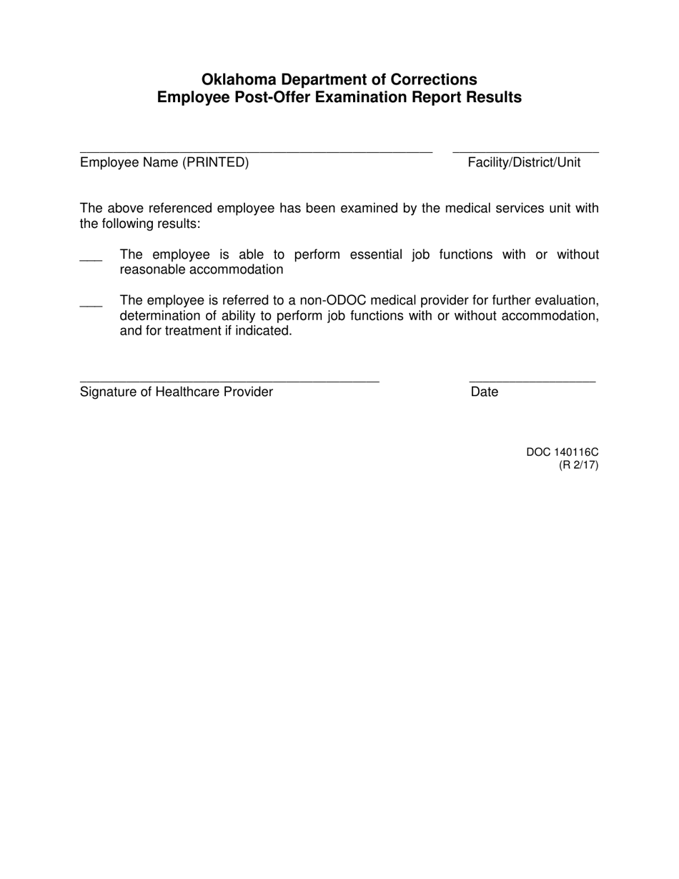 DOC Form OP-140116C Employee Post-offer Examination Report Results - Oklahoma, Page 1