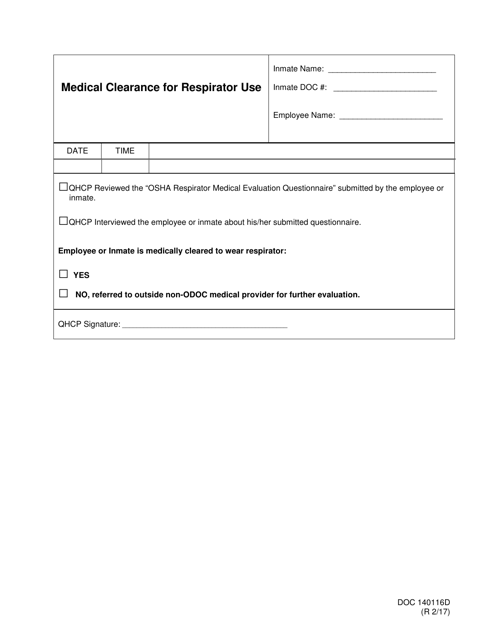 DOC Form OP-140116D Medical Clearance for Respirator Use - Oklahoma