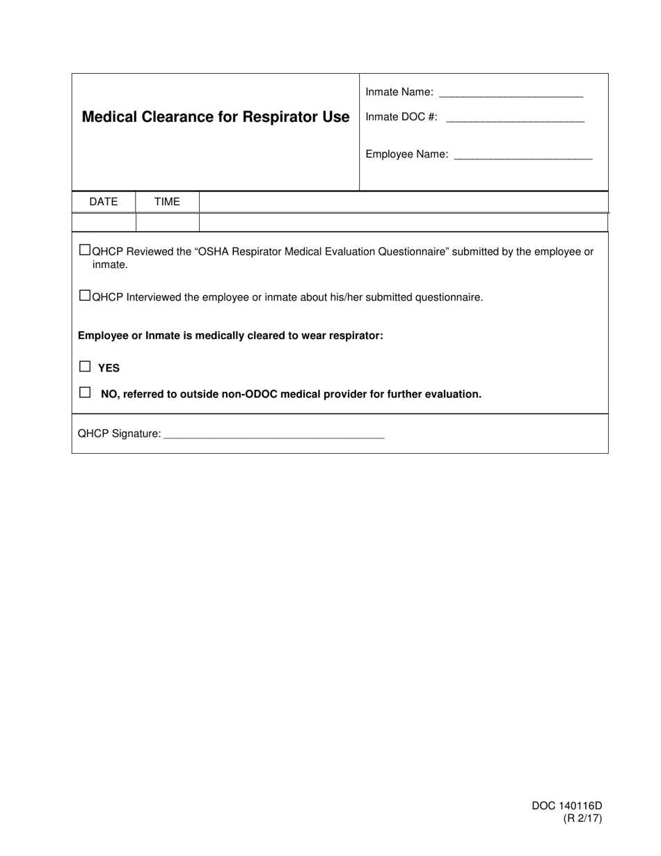 DOC Form OP-140116D Medical Clearance for Respirator Use - Oklahoma, Page 1