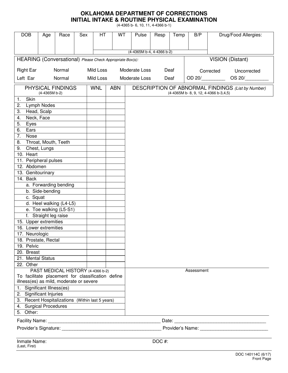 DOC Form OP-140114C Initial Intake  Routine Physical Examination - Oklahoma, Page 1