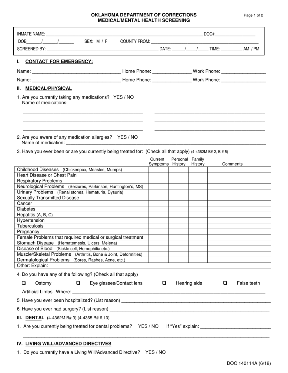 DOC Form OP-140114A Medical / Mental Health Screening - Oklahoma, Page 1