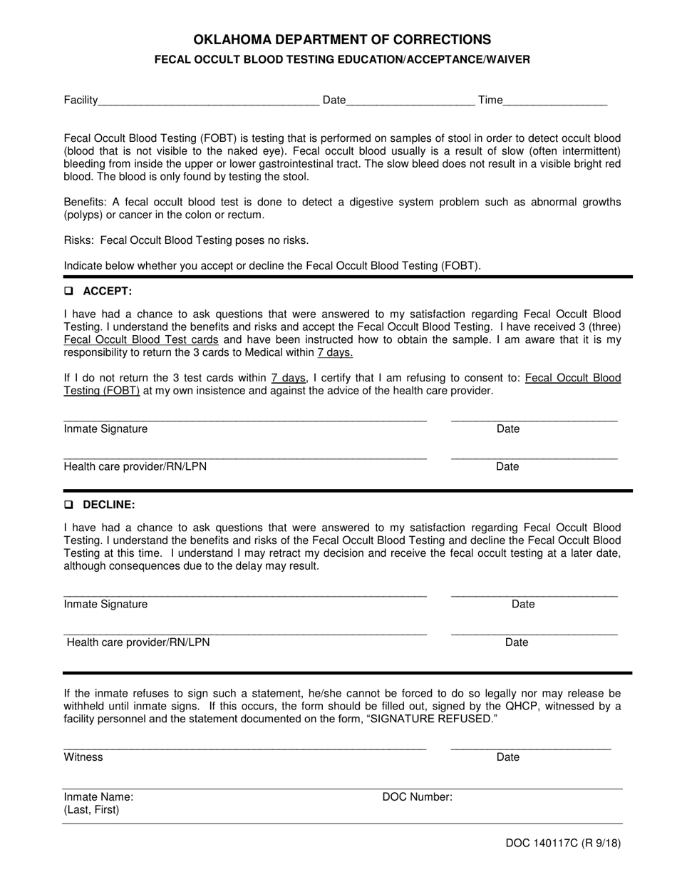 DOC Form OP-140117C Fecal Occult Blood Testing Education / Acceptance / Waiver - Oklahoma, Page 1