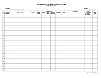 Document preview: DOC Form OP-140117B Sick Call Log - Oklahoma
