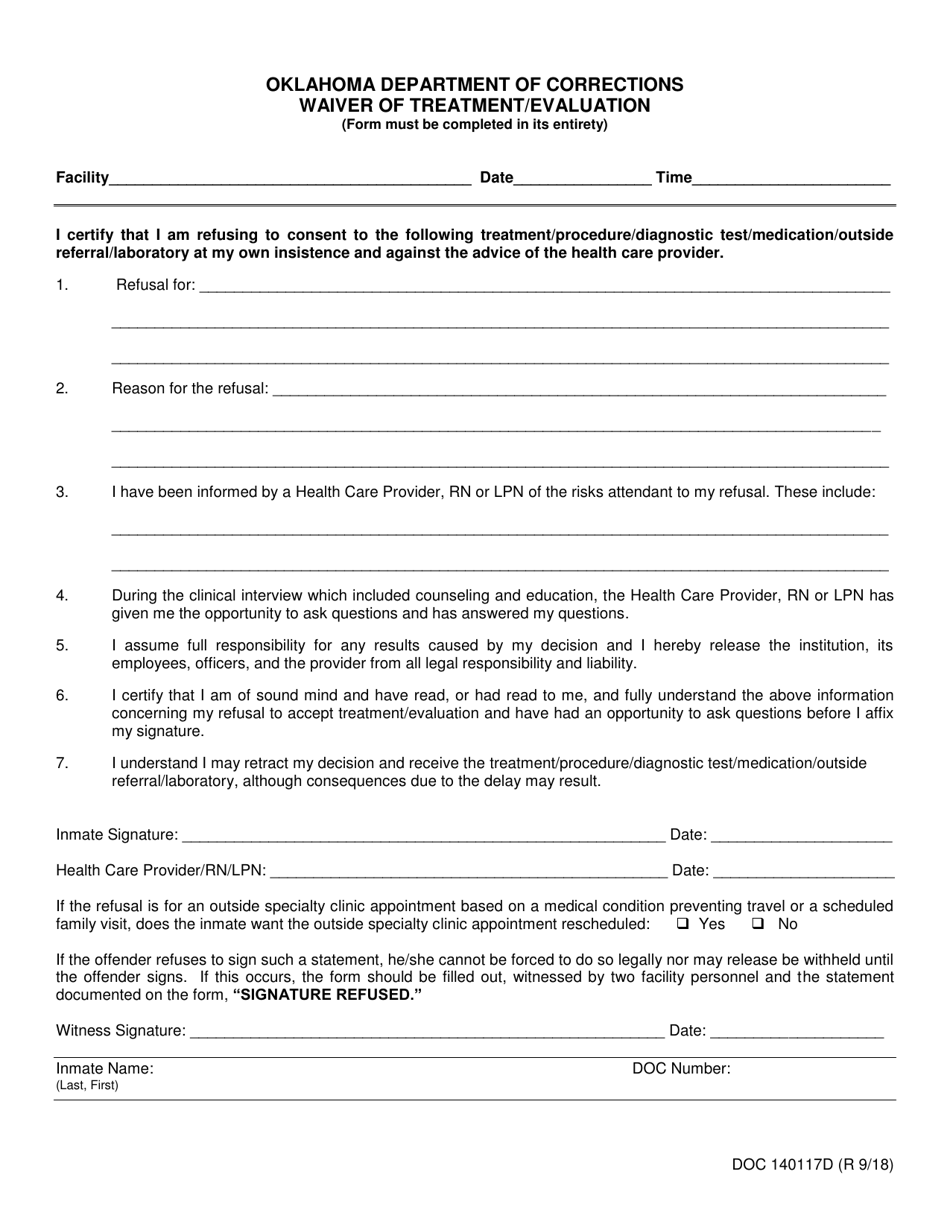 DOC Form DOC-140117D Waiver of Treatment / Evaluation - Oklahoma, Page 1