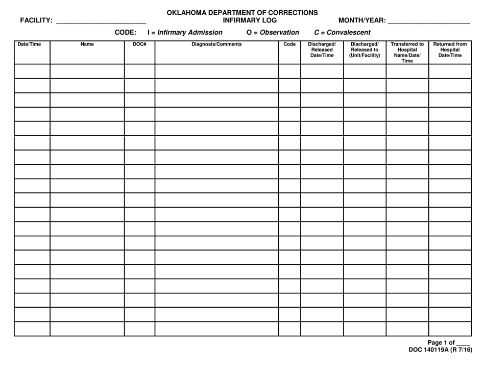 Form OP-140119A Infirmary Log - Oklahoma, Page 1