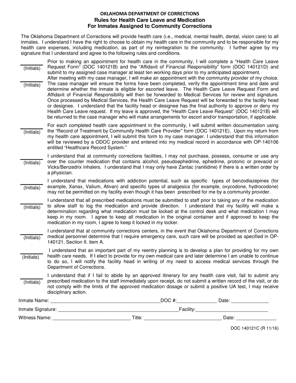 Form OP-140121C Rules for Health Care Leave and Medication for Inmates Assigned to Community Corrections - Oklahoma, Page 1