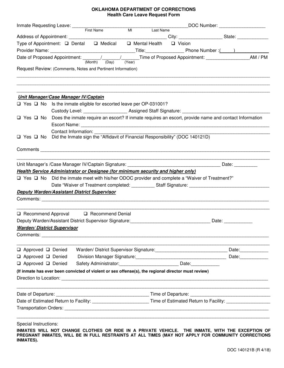 Form OP-140121B Health Care Leave Request Form - Oklahoma, Page 1