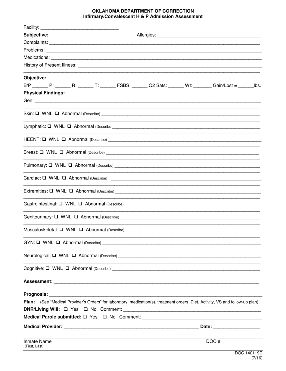 Form OP-140119D Infirmary / Convalescent H  P Admission Assessment - Oklahoma, Page 1
