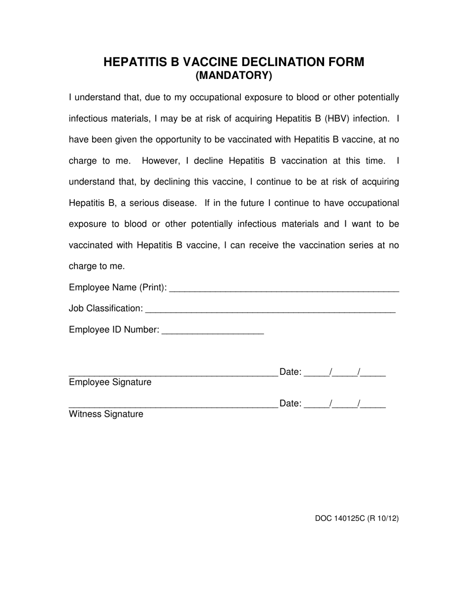 Form OP-140125C Hepatitis B Vaccine Declination Form (Mandatory) - Oklahoma, Page 1