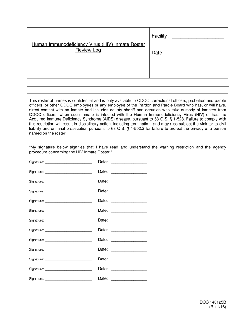 Form OP-140125B Human Immunodeficiency Virus (HIV) Inmate Roster Review Log - Oklahoma, Page 1
