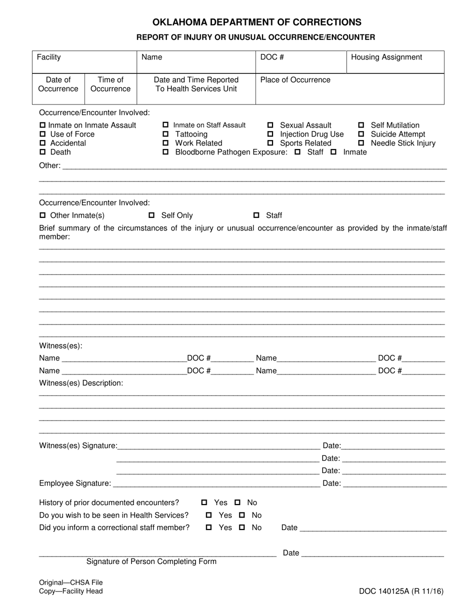 Form OP-140125A Report of Injury or Unusual Occurrence / Encounter - Oklahoma, Page 1