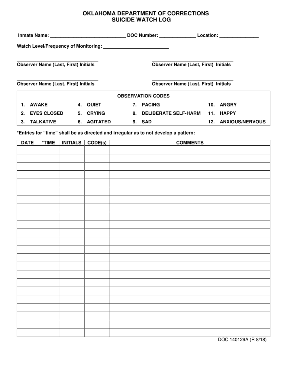 Form OP-140129A Suicide Watch Log - Oklahoma, Page 1
