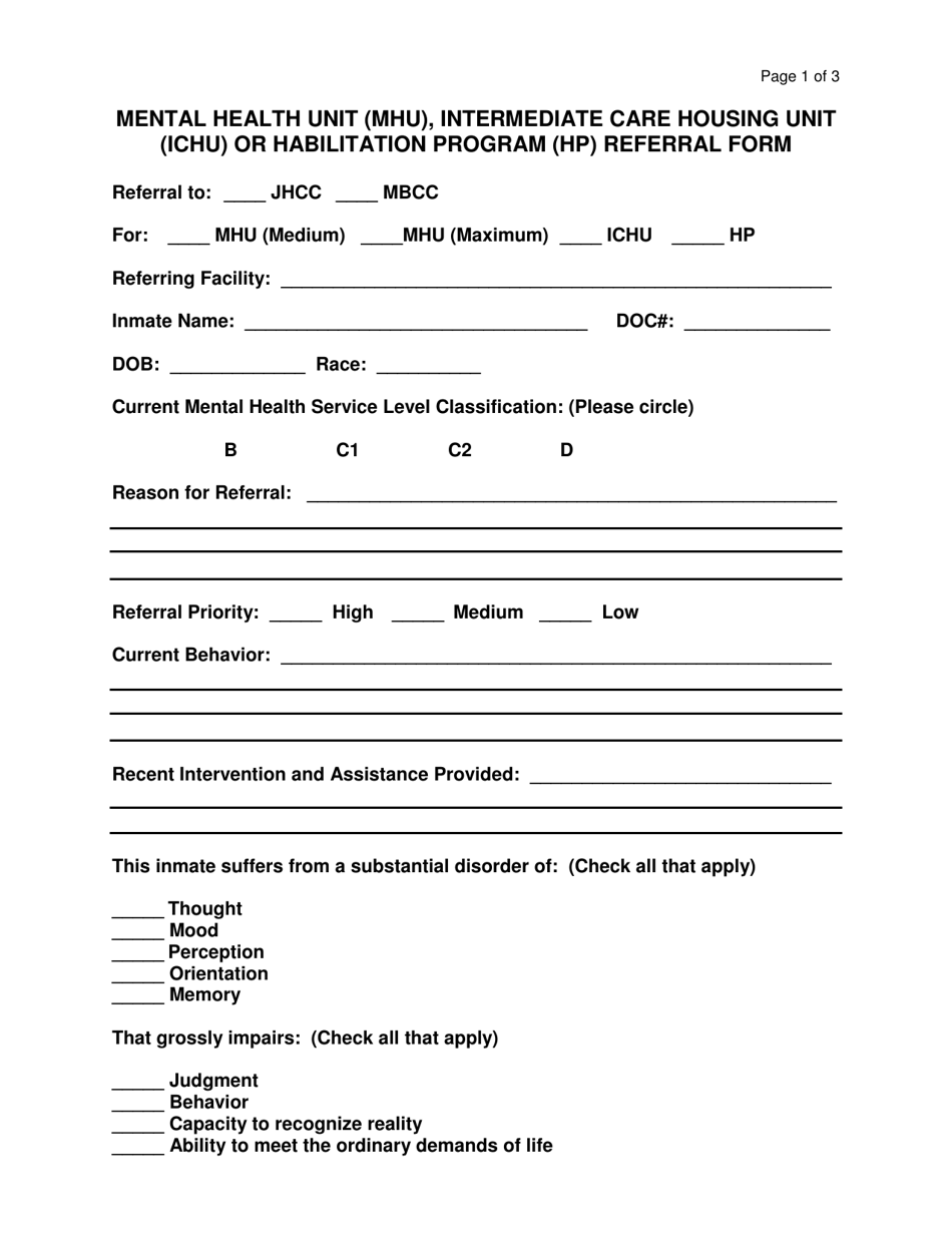 Form OP-140127A Mental Health Unit (Mhu), Intermediate Care Housing Unit (Ichu) or Habilitation Program (Hp) Referral Form - Oklahoma, Page 1