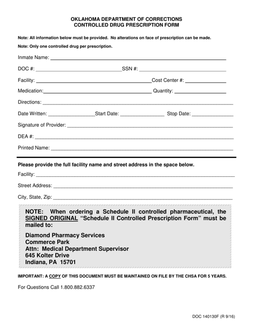 Form OP-140130F Controlled Drug Prescription Form - Oklahoma