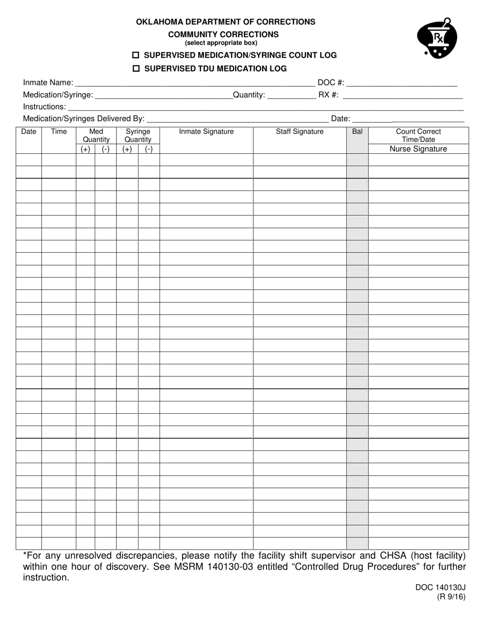 Form OP-140130J Community Corrections Supervised Medication / Syringe Count Log - Oklahoma, Page 1