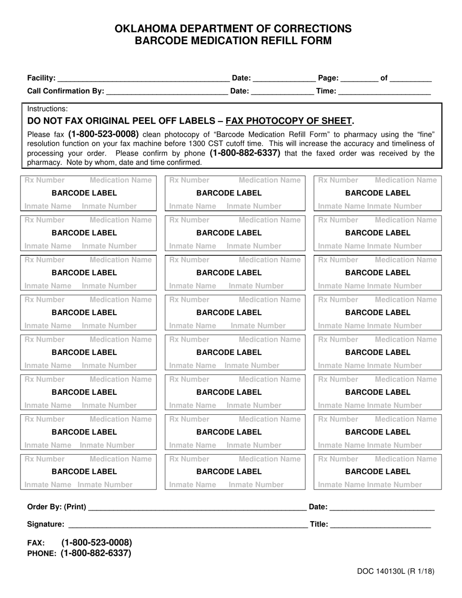 Form OP-140130L Barcode Medication Refill Form - Oklahoma, Page 1
