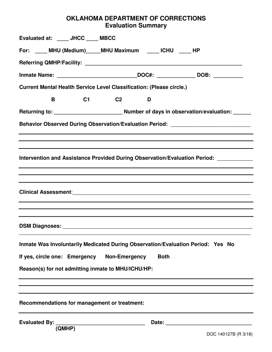 Form OP-140127B Evaluation Summary - Oklahoma, Page 1
