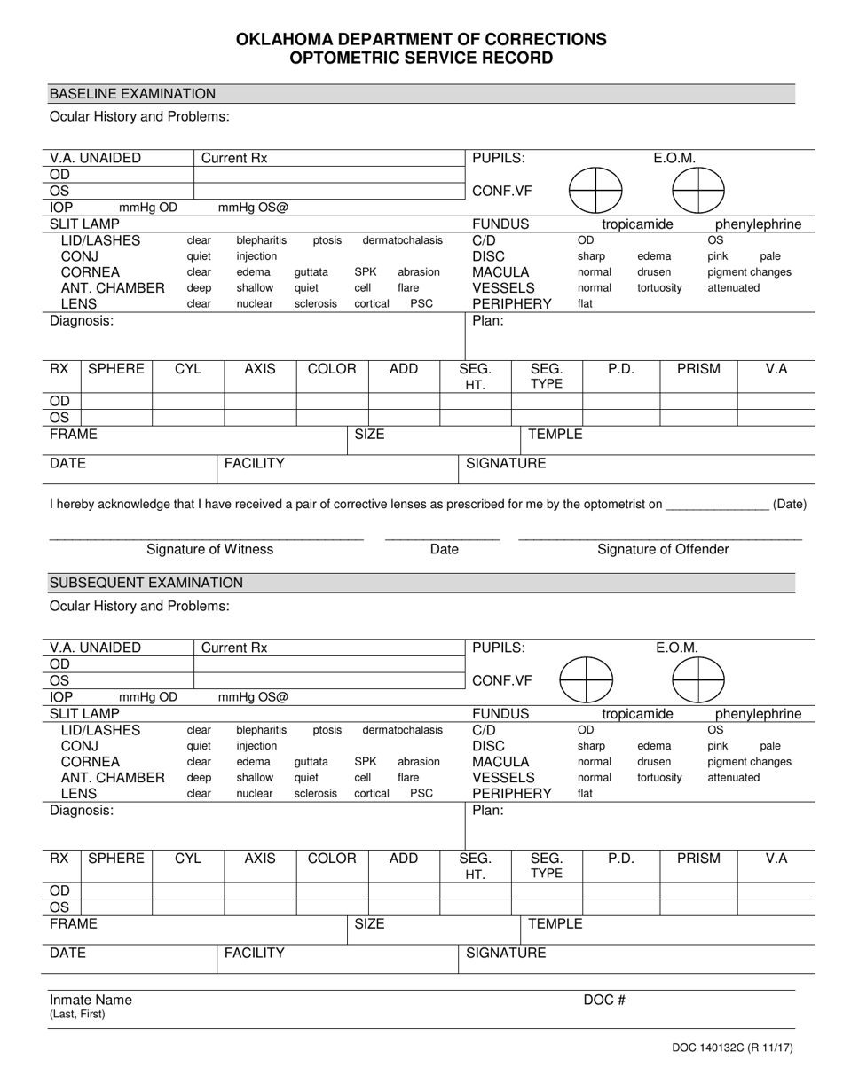 Form OP-140132C Optometric Service Record - Oklahoma, Page 1