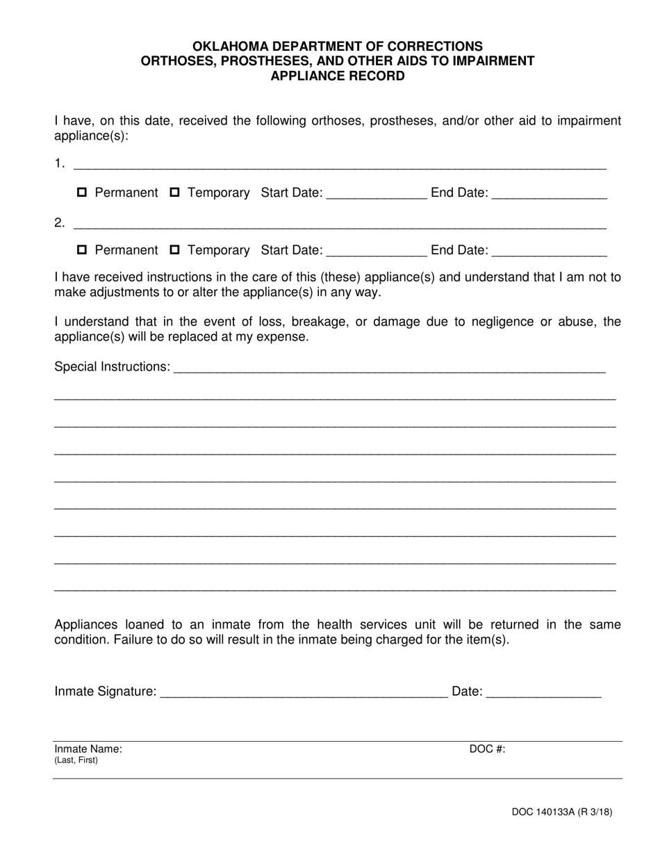 Form OP-140133A Orthoses, Prostheses and Other AIDS to Impairment Appliance Record - Oklahoma, Page 1