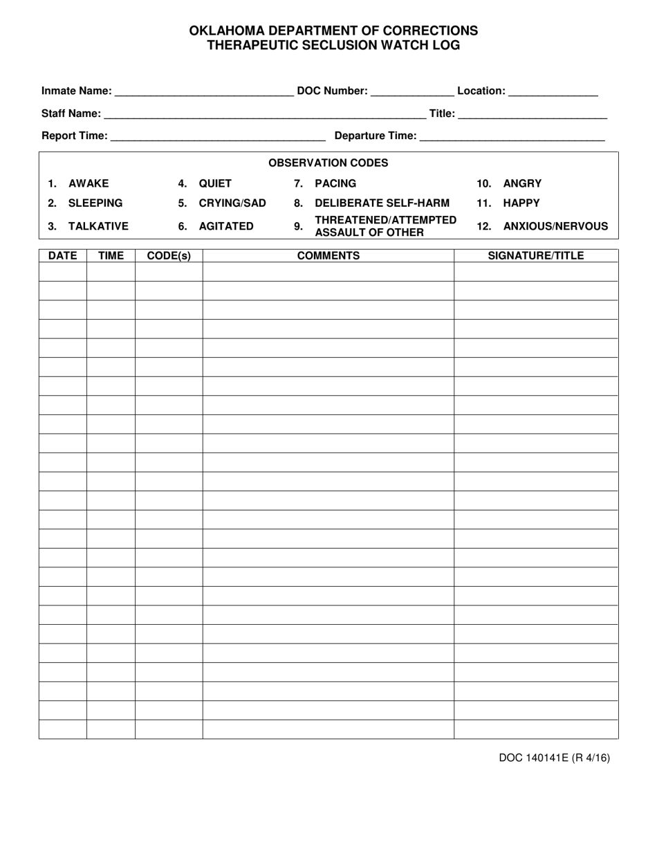 Form OP-140141E Therapeutic Seclusion Watch Log - Oklahoma, Page 1