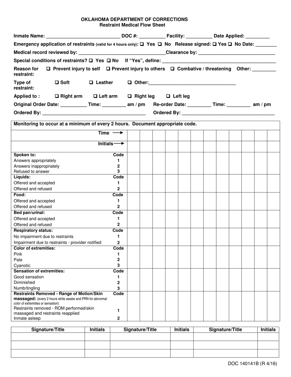 Form OP-140141B Restraint Medical Flow Sheet - Oklahoma, Page 1