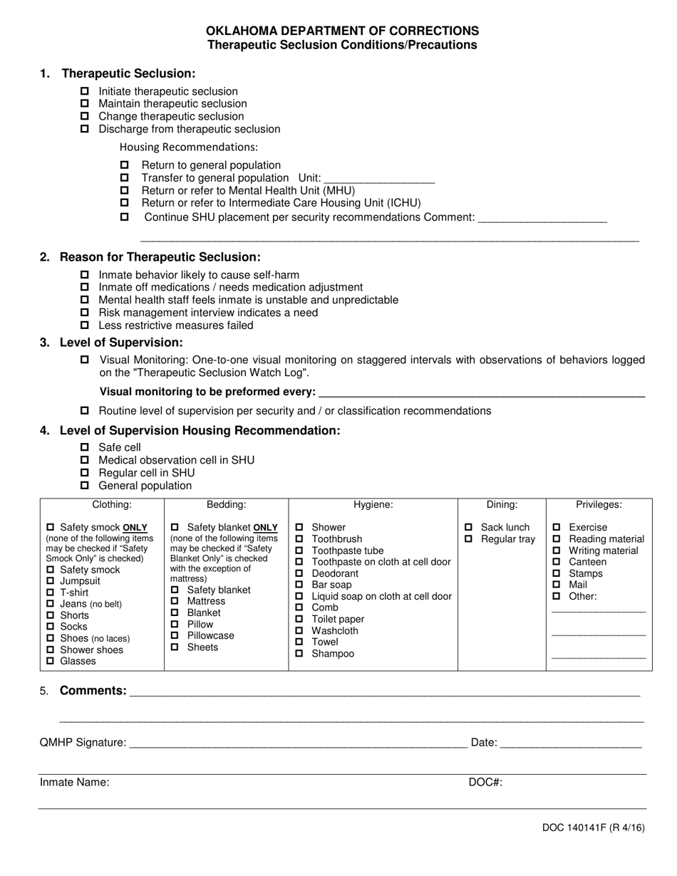 Form OP-140141F Therapeutic Seclusion Conditions / Precautions - Oklahoma, Page 1