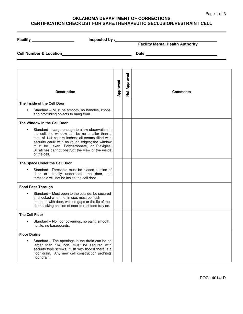 Form OP-140141D Certification Checklist for Safe / Therapeutic Seclusion / Restraint Cell - Oklahoma, Page 1