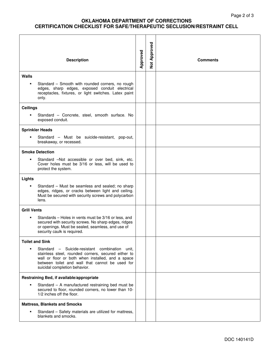 Form OP-140141D Certification Checklist for Safe / Therapeutic Seclusion / Restraint Cell - Oklahoma, Page 2