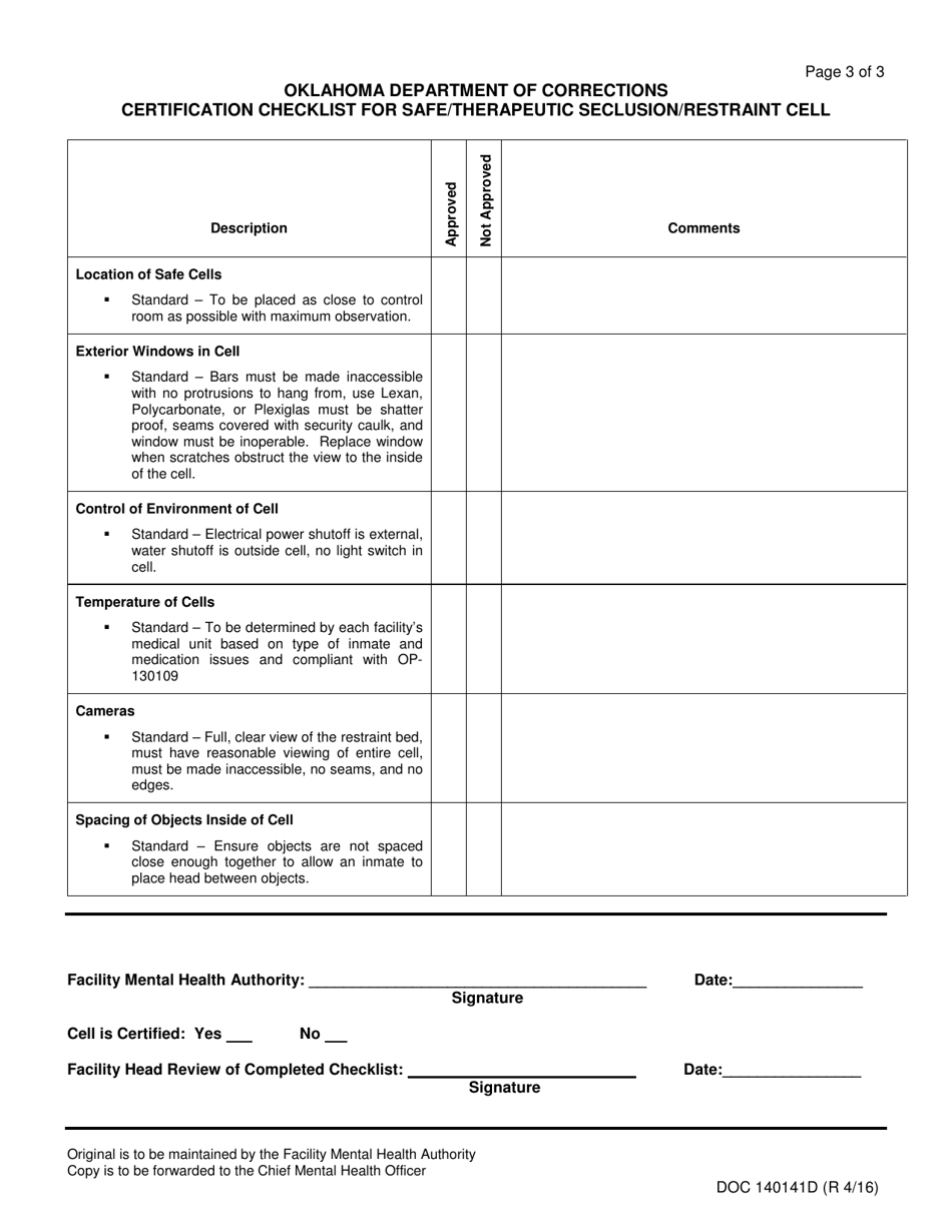Form OP-140141D Certification Checklist for Safe / Therapeutic Seclusion / Restraint Cell - Oklahoma, Page 3