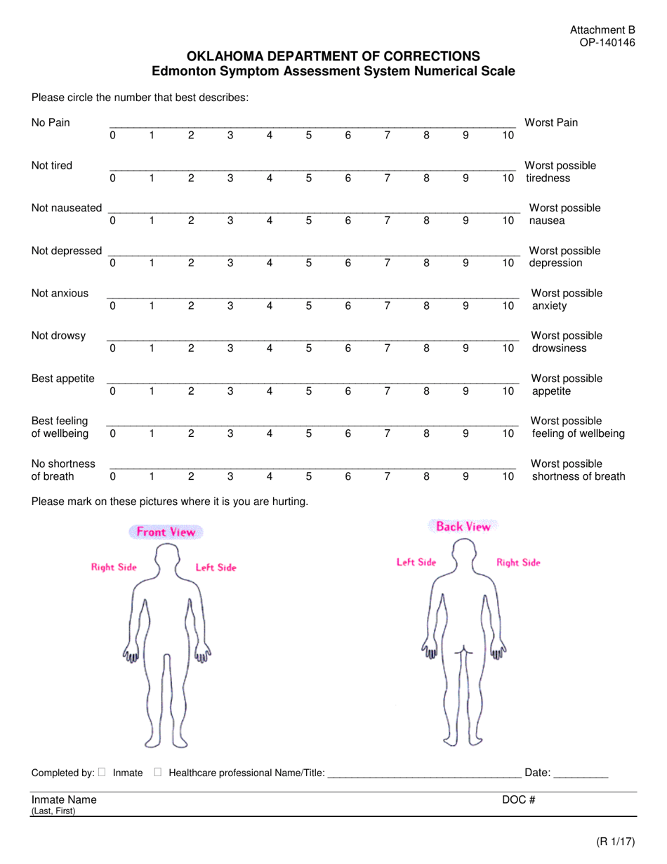 DOC Form OP-140146 Attachment B Edmonton Symptom Assessment System Numerical Scale - Oklahoma, Page 1
