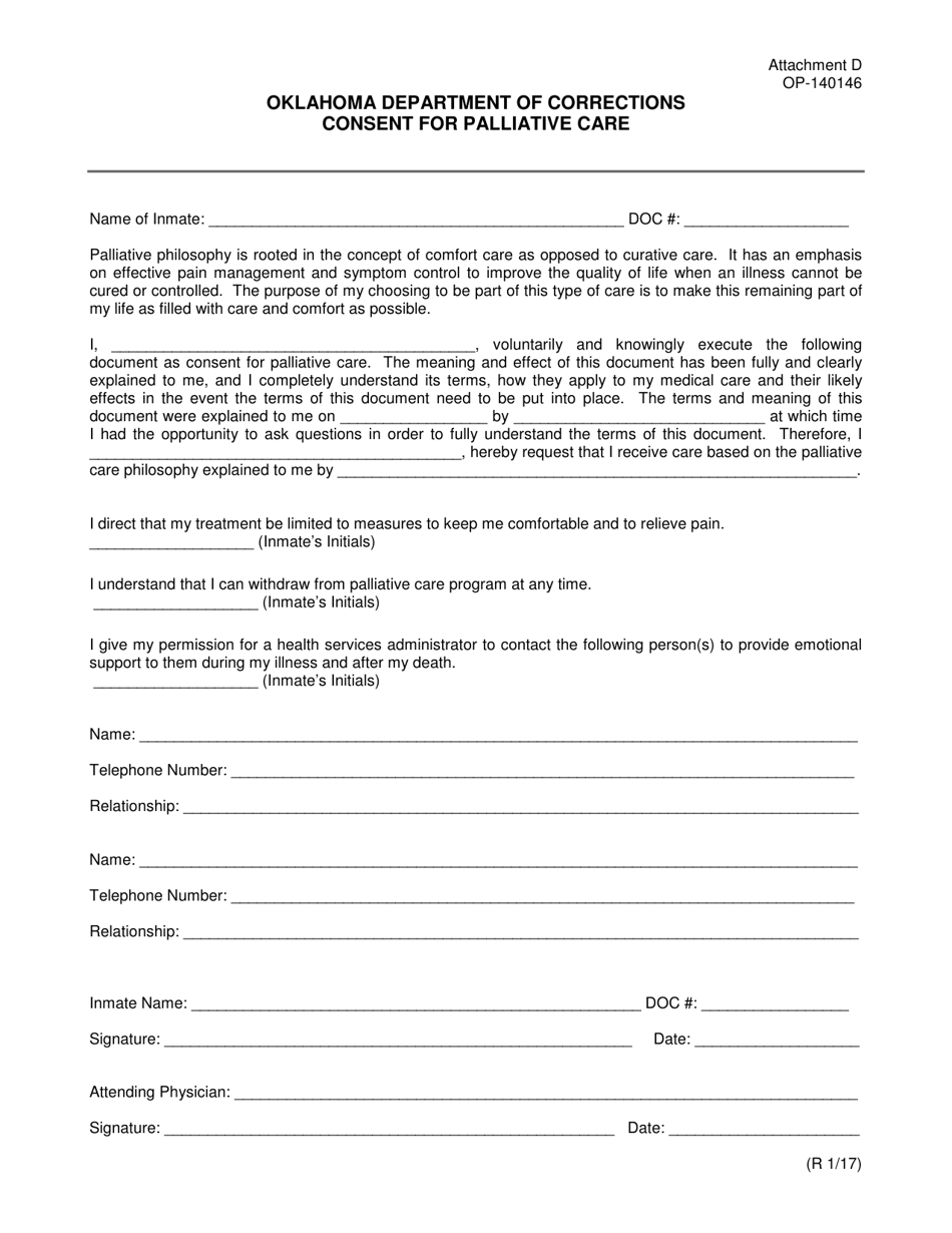 DOC Form OP-140146 Attachment D Consent for Palliative Care - Oklahoma, Page 1