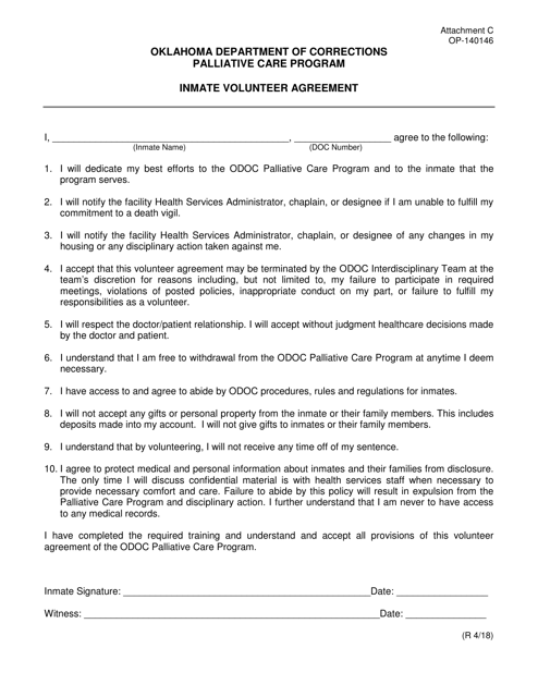 DOC Form OP-140146 Attachment C Inmate Volunteer Agreement - Oklahoma