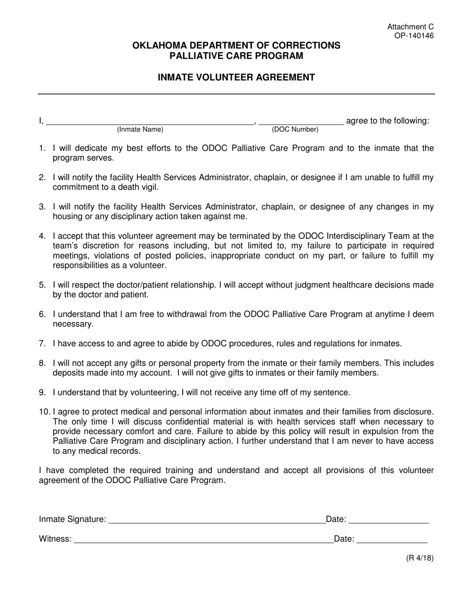 DOC Form OP-140146 Attachment C Inmate Volunteer Agreement - Oklahoma, Page 1