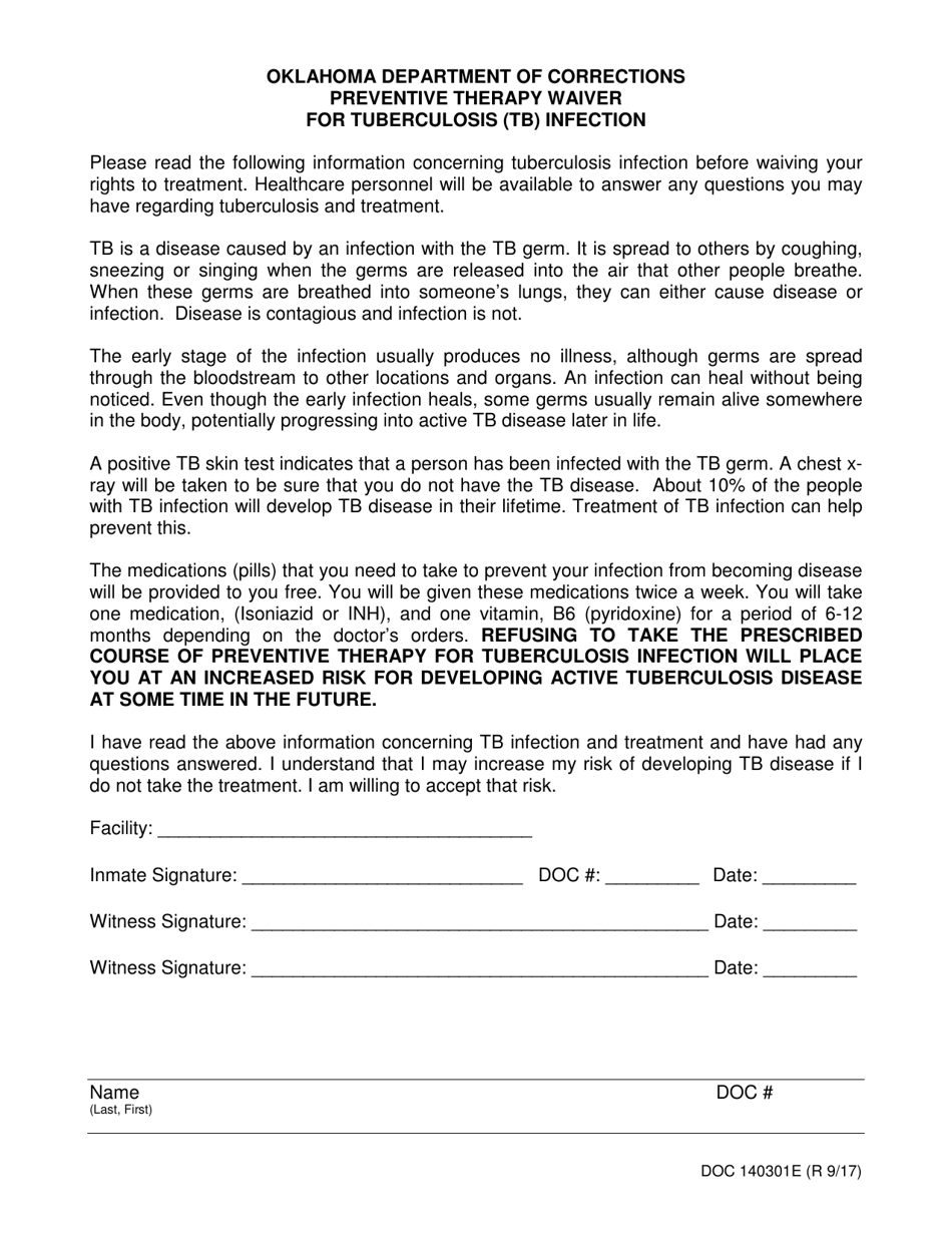 Form OP-140301E Preventive Therapy Waiver for Tuberculosis (Tb) Infection - Oklahoma, Page 1