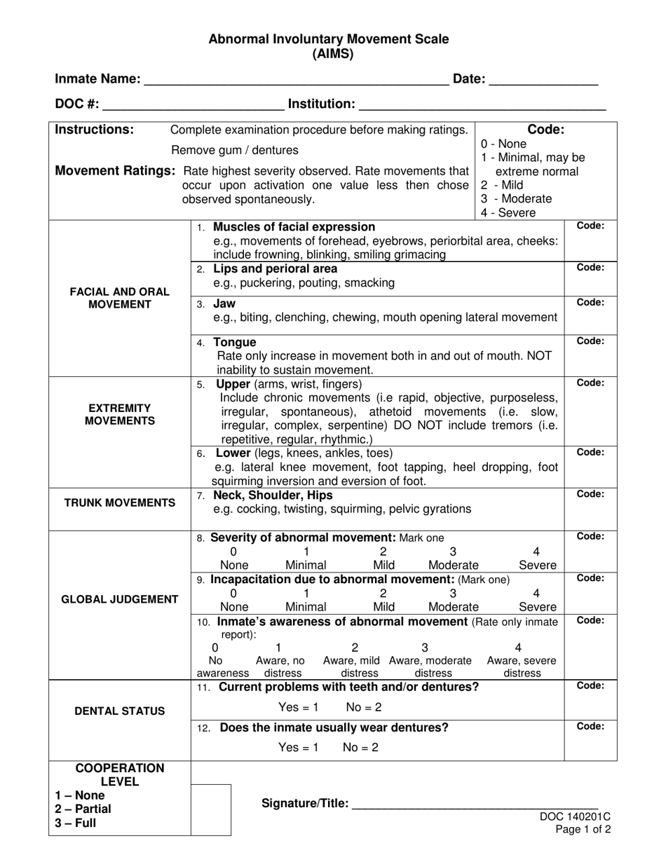 Form OP-140201C Abnormal Involuntary Movement Scale (Aims) - Oklahoma, Page 1