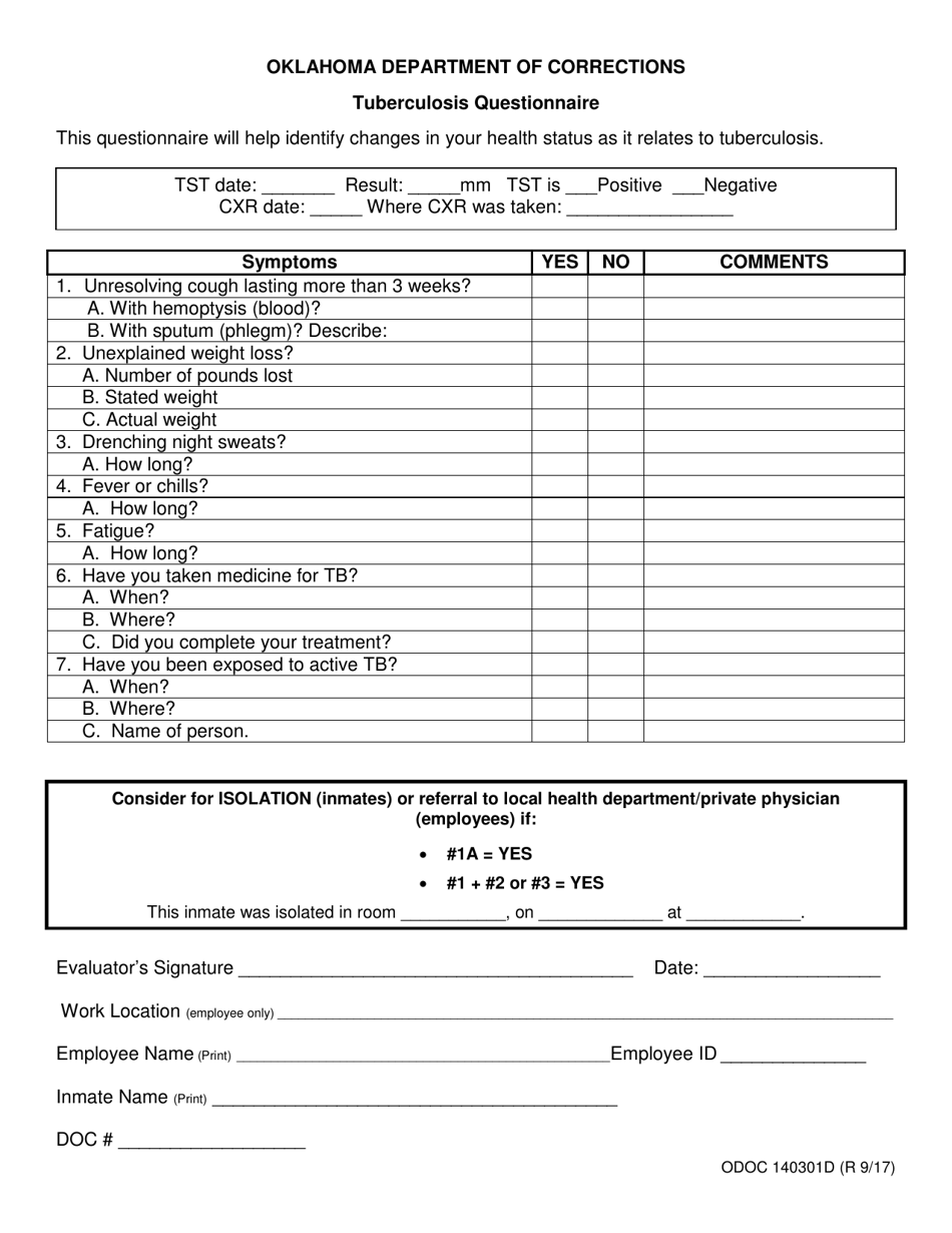 Form OP 140301D Fill Out Sign Online And Download Printable PDF   Form Op 140301d Tuberculosis Questionnaire Oklahoma Print Big 