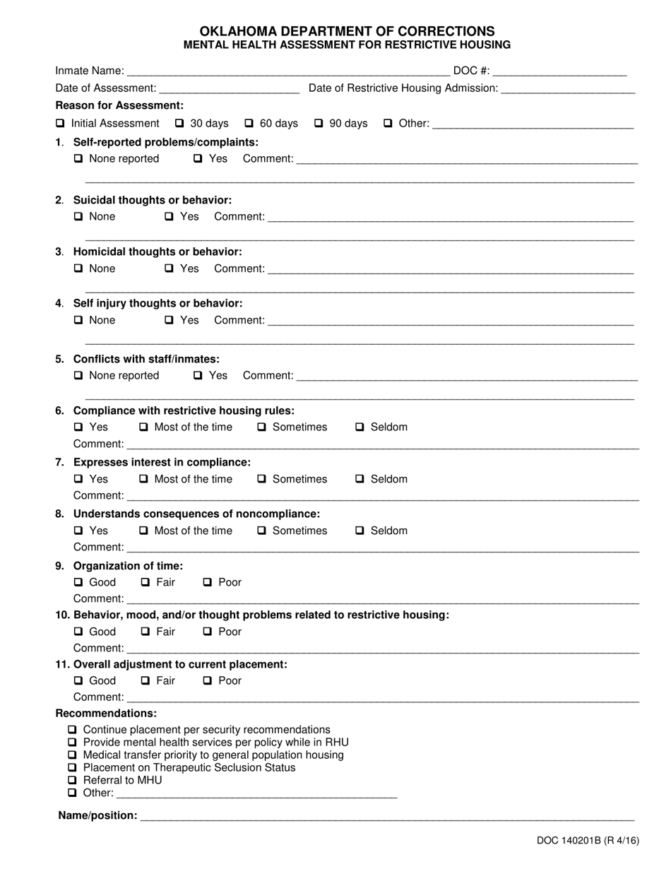 Form OP-140201B Mental Health Assessment for Restrictive Housing - Oklahoma, Page 1
