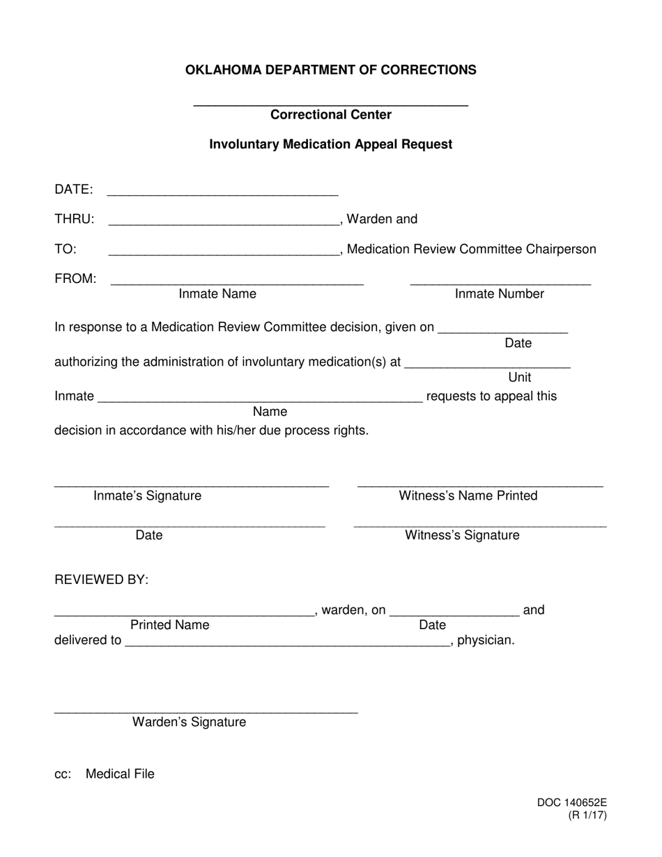 Form OP-140652E Involuntary Medication Appeal Request - Oklahoma, Page 1