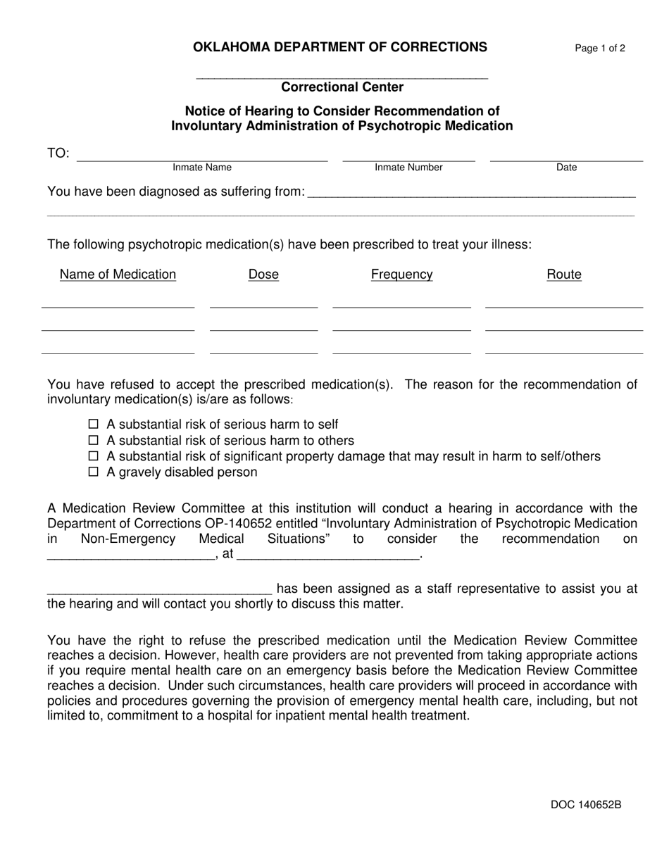 Form OP-140652B Notice of Hearing to Consider Recommendation of Involuntary Administration of Psychotropic Medication - Oklahoma, Page 1