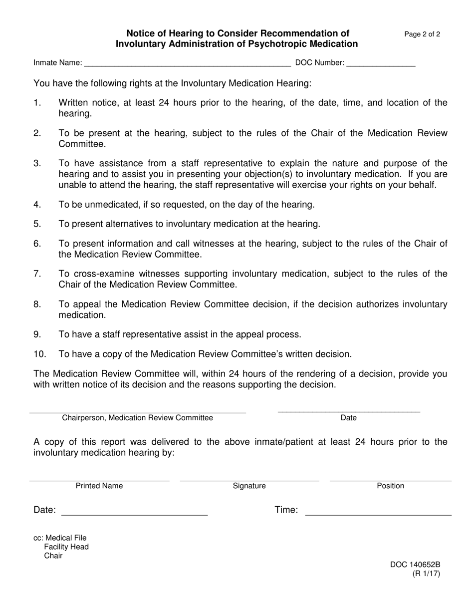 Form OP-140652B Notice of Hearing to Consider Recommendation of Involuntary Administration of Psychotropic Medication - Oklahoma, Page 2