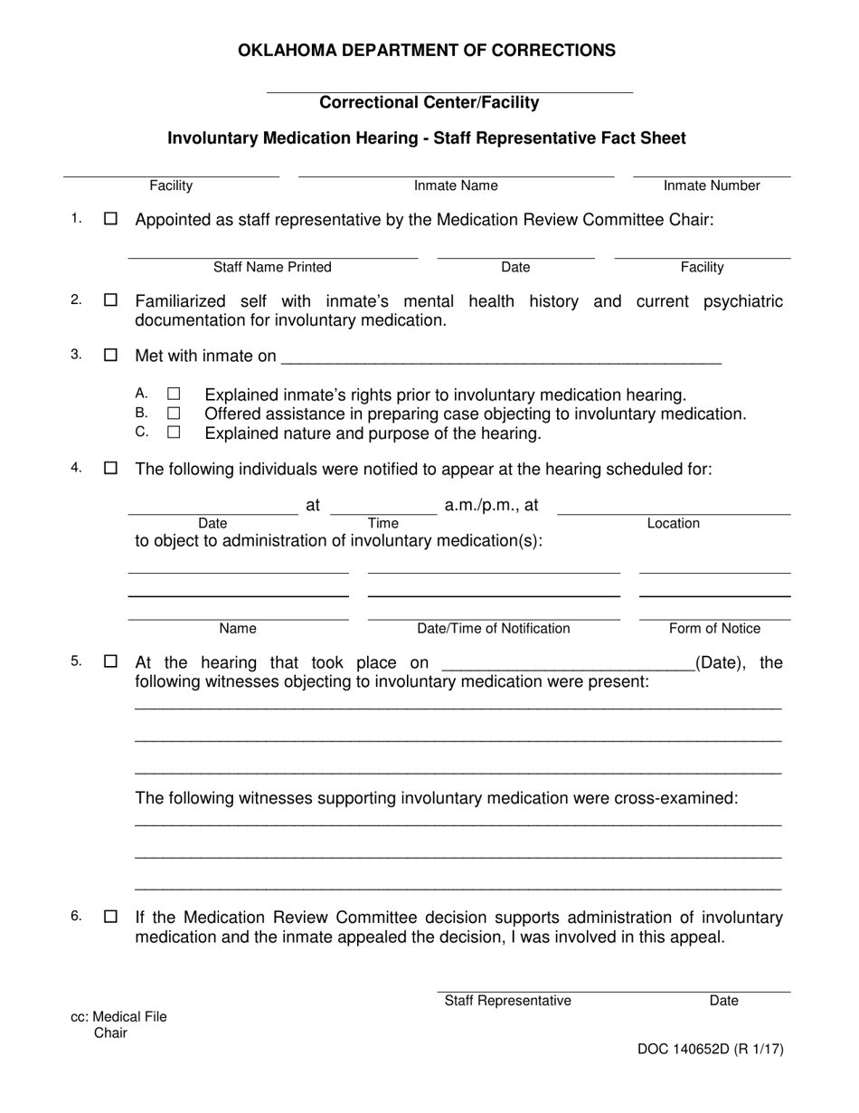 DOC Form OP-140652D Involuntary Medication Hearing - Staff Representative Fact Sheet - Oklahoma, Page 1