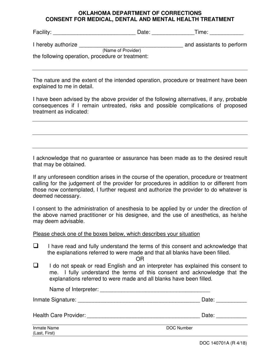 DOC Form OP-140701A Consent for Medical, Dental and Mental Health Treatment - Oklahoma, Page 1